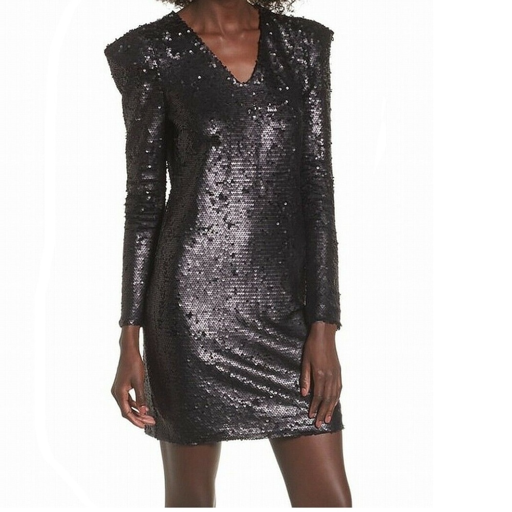 Leith Deep Black V-Neck Sequin Solid Sheath Dress